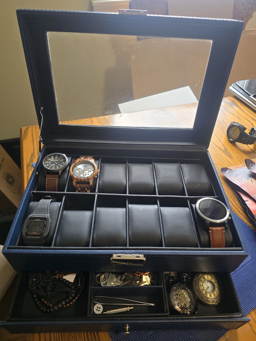 Leather Blue Watch Storage Case with Black Interior